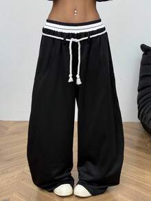 Coolane 女士秋冬街头风外出休闲装扮宽松弹力腰带舒适黑色筒状裤 - 黑色 - 查看 3