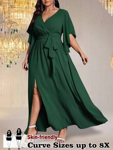 SHEIN CURVE+ 大码女式纯色修身V领喇叭袖系带腰部褶饰开衩优雅派对长裙 - 墨綠色 - 查看 3