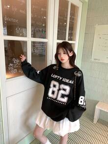 DAZY 女士休闲宽松字母印花长袖运动衫，街头风格韩国时尚秋冬 - 黑色 - 查看 3