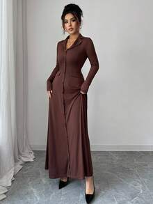 Elenzga 优雅通勤棕色翻领收腰修身纽扣装饰大A字形后背蝴蝶结长袖超长连衣裙，女士秋冬装 - 棕色 - 查看 7