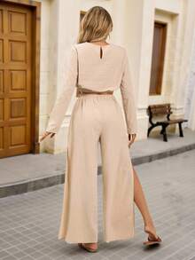 Brillora Autumn And Winter Outdoor Holiday Date Outfits, Autumn And Winter Outdoor Vacation Crew-Neck Long-Sleeved Shirts And Loose Wide-Leg Pants With High Slit Pants For Women, Summer Beach Outfits For Holidays, School Uniforms, Very Simple Outfits, Women's Country Outfits, Office Wear, Old Money Wear, Teacher Wear, Date Wear, Graduation Season, Women's Suits - Apricot - View 2