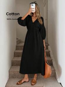 Easowa Sukienka damska długa, luźna, do pracy w stylu vintage, z dekoltem w serek, wiązaniem w talii i kokardą, z rozszerzanymi rękawami i plisowaną talią w kształcie litery A, z podwójną warstwą krepy, z bawełny pochodzenia naturalnego