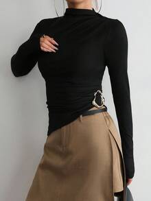 Aidyla Áo thun nữ cổ lọ tay dài xếp ly họa tiết ánh kim ôm vừa vặn thời trang thu/đông - màu đen - Xem 3