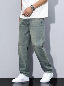 Manfinity Homme Men's Fashionable Simple Casual Denim Jeans, Suitable For Outdoor Recreation, Plain Long Distressed Straight Leg Light Blue Cargo Jeans, For Husband, Boyfriend Gifts Going Out Street College - Blue - View 8