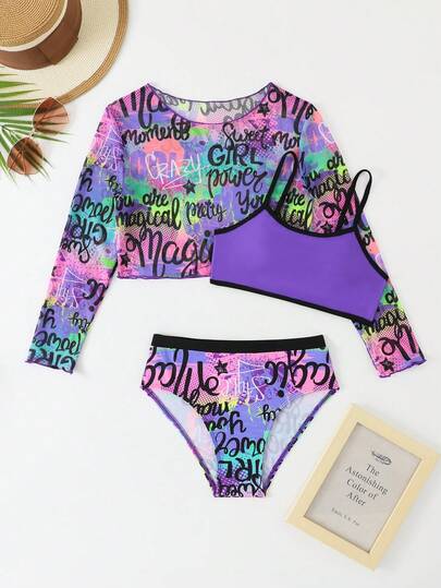 Áo hai dây phối màu cho bé gái tuổi mới lớn, áo bikini cổ tròn dài tay in họa tiết toàn thân, họa tiết ngẫu nhiên, thanh thiếu niên