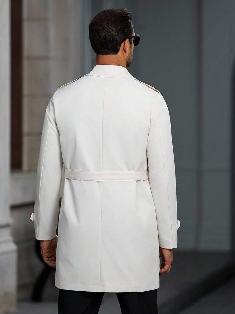 Manfinity Homme 男士纽扣前长袖口袋简约休闲风衣，外出法兰绒风衣，适合送给朋友、丈夫、男朋友的礼物 - 杏色 - 查看 2