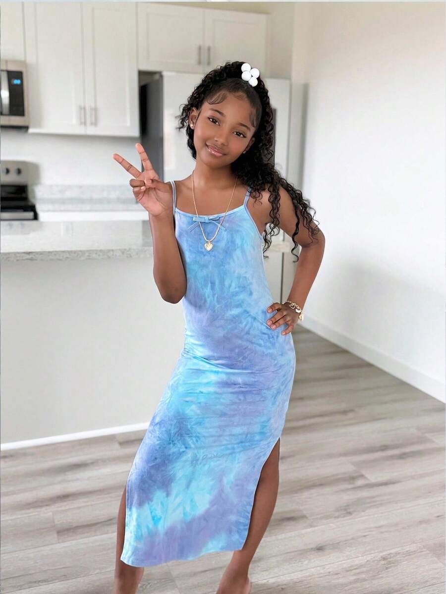 SHEIN Tween Girls Casual Street Fashion Tie-Dye Spaghetti Strap Split Hem Knit Dress
