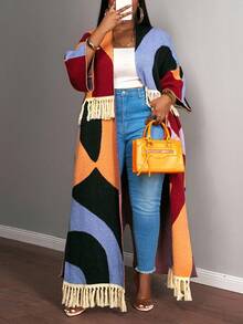 Slaydiva 秋冬新款，宽松几何撞色拼接流苏针织长开衫，适合大码女装，休闲外出、聚会、约会、复古等场合穿着。 - 彩色 - 查看 6