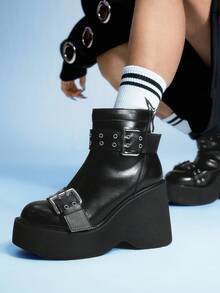 Sugerpunk 女士时尚休闲派对舒适透气踝靴，哥特风双带金属扣后拉链，黑色朋克粗跟踝靴 - 黑色 - 查看 6