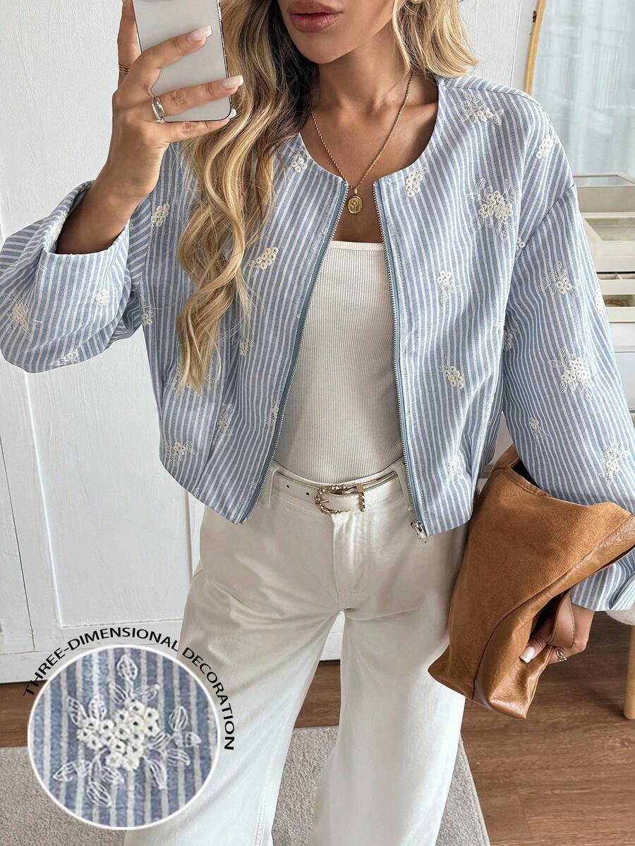 SHEIN LUNE 女士休闲宽松拉链飞行员夹克，采用条纹提花纹理面料，适合通勤休闲短款西装外套，秋冬季夏季西装外套 - 藍白色 - 查看 1