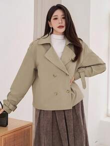 DAZY 女式休闲纯色风衣，秋季夹克 - 杏色 - 查看 5