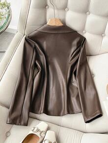 Franclia 女士翻领收腰优雅办公室通勤PU夹克 - 鏽棕色 - 查看 2