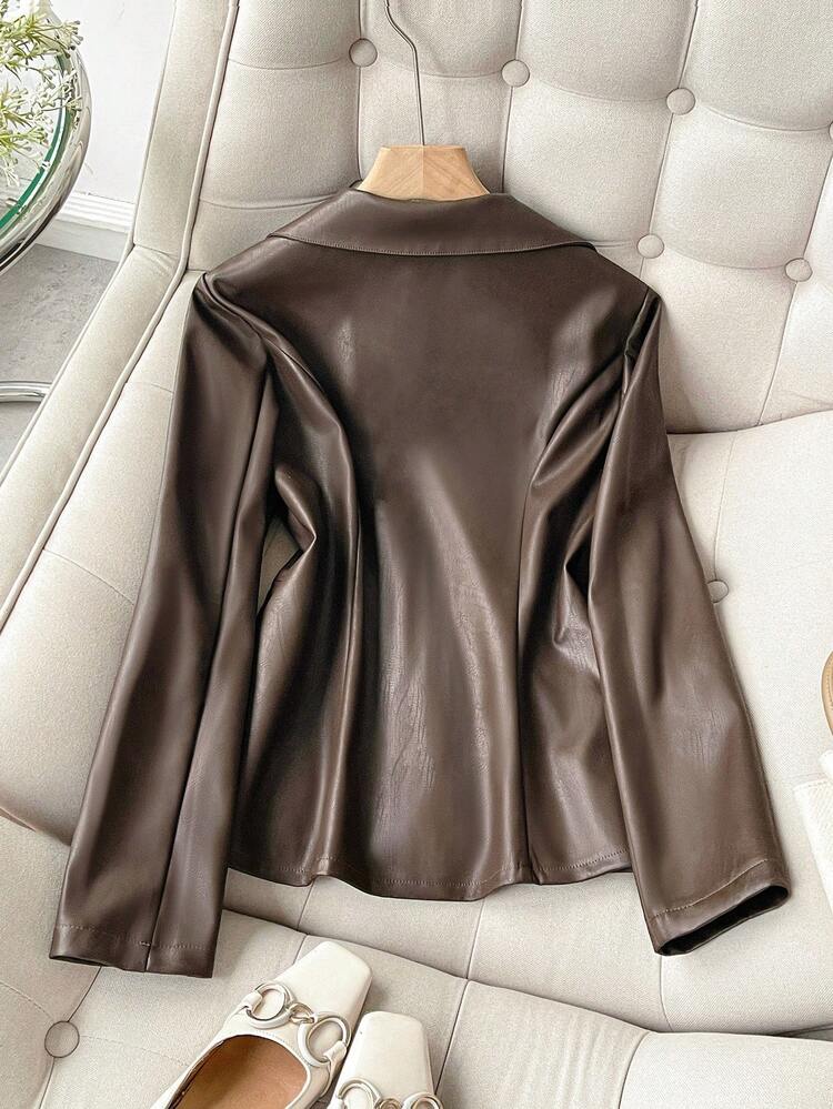 Franclia 女士翻领收腰优雅办公室通勤PU夹克 - 鏽棕色 - 查看 2