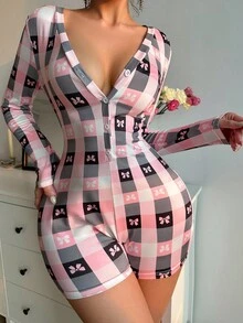 Women'S Plaid Bow Print Pajama Romper , Cozy And Elegant Details, Fall & Winter - Pink - View 3
