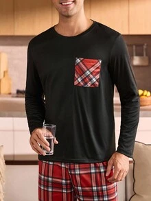 Manfinity Underwear&Sleepwear Basics Plus Size Men's Pajama Set (Long Sleeve Top And Pants, 2 Pieces) - Red - View 5