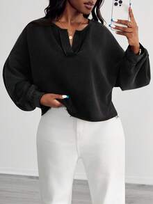 SHEIN PETITE CURVE Women's Casual Solid Color V-Neck Long Sleeve Loose Pullover Sweatshirt In Fall/Winter - Black - View 1