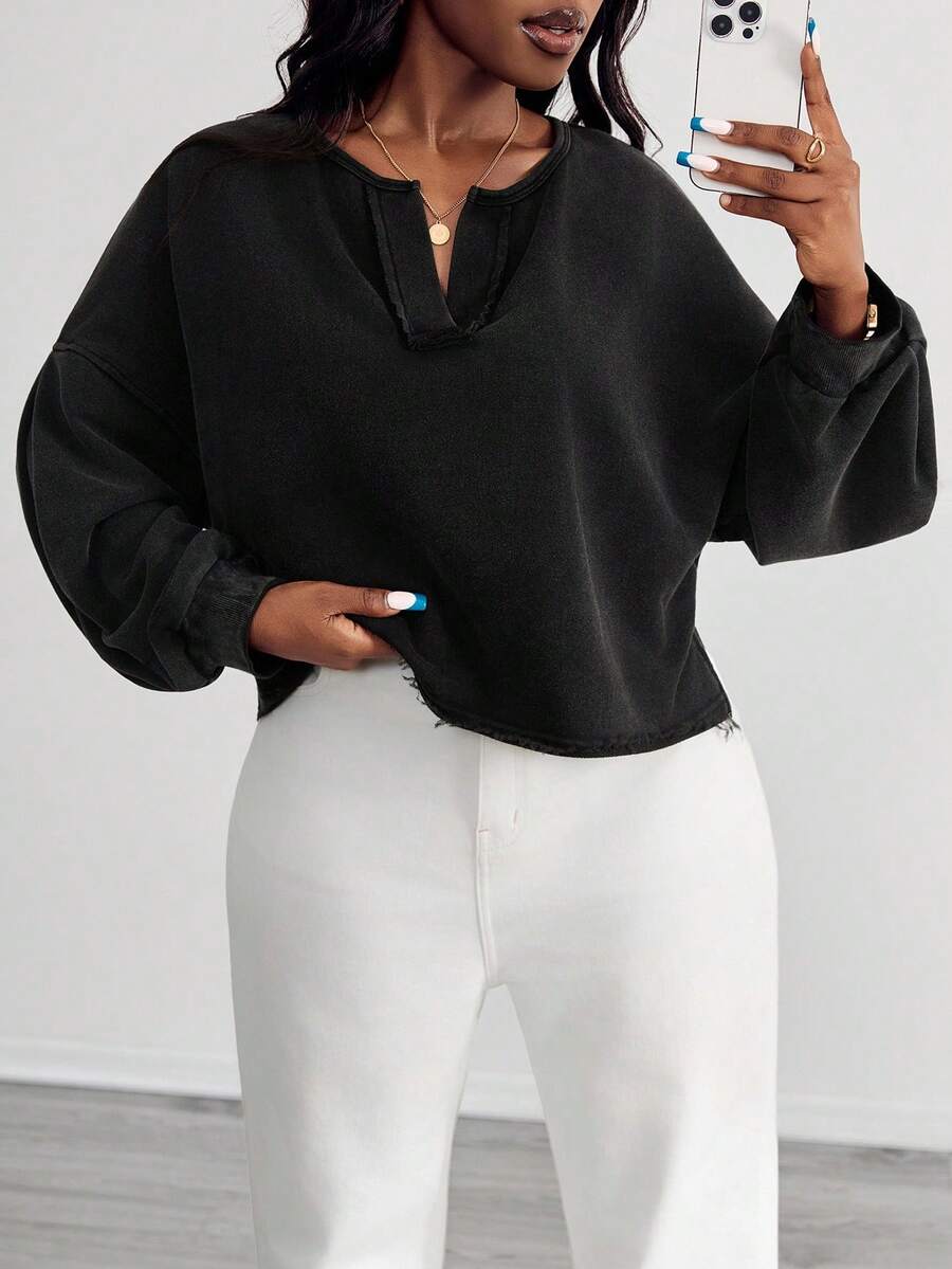 SHEIN PETITE CURVE Women's Casual Solid Color V-Neck Long Sleeve Loose Pullover Sweatshirt In Fall/Winter - Black - View 1