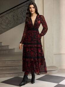 ZEYLAH Floral Print Patchwork Lace Romantic Women Dress, Autumn/Winter - Multicolor - View 4