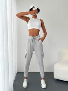 Cottnline Flap Pocket Side Drawstring Waist Joggers - Light Grey - View 3