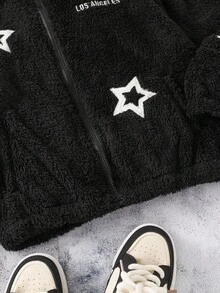 PAVTROS Chaqueta de forro polar con bordado de estrella de cinco puntas y letra para niños de corte holgado, suave y versátil, adecuada para otoño, primavera, invierno, uso diario, ir y venir, al aire libre, deportes, escuela, ropa urbana, fiestas, fotografía - Blanco y Negro - Ver 6