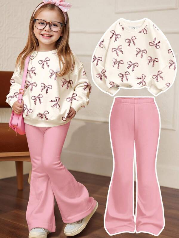 SHEIN 2pcs/Set Young Girl Casual Leopard Print Bow Decor Round Neck Long Sleeve Sweatshirt And Flare Pants Outfit, Cream White & Cream Pink, Suitable For Autumn/Winter, Autumn Outfits For , Easy Comfort, Autumn Layers For Kids, Stylish Kids, Casual Wear, Kids Graphic Clothes, Back To School, Fall Clothes, Homecoming
