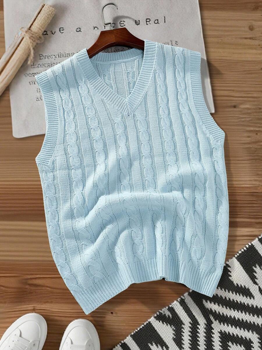 Manfinity EZcore 男士V领休闲针织背心，带麻花图案，秋冬 - 藍色 - 查看 1