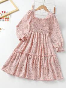SHEIN Tween Girl Ditsy Floral Print Flounce Sleeve Frill Trim Shirred Dress