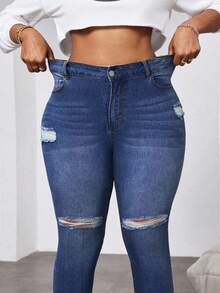 SHEIN ICON Jeans de talle alto, ajustados y desgastados de talla grande para mujer
