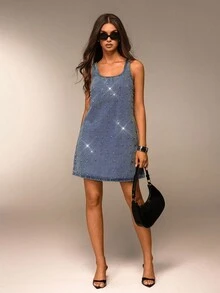 Avantive 夏季新款圆领无袖A字型水钻装饰女式牛仔迷你连衣裙