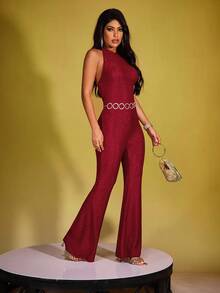 INAWLY جمبسوت نسائية ضيقة الجسم بقصة فستان مع ظهر مكشوف وساقين واسعتين من قماش مخملي بلون بوردو لامع، أنيقة وجذابة - عنابي اللون - مشاهدة 5