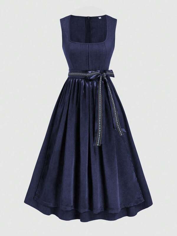 Fairmaia Damen Dirndl-Kleid mit quadratischem Ausschnitt, Taillenbindung und Raffung an den Ärmeln, für Halloween