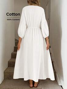 Easowa Đầm suông cổ chữ V, thắt nơ, tay áo đèn lồng, eo nhún, dáng chữ A, viền xòe, hai lớp, chất liệu vải crepe 100% cotton, dáng rộng, phong cách cổ điển, thường ngày dành cho nữ - trắng - Xem 2