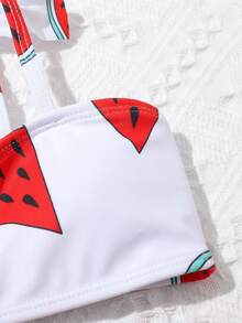 SHEIN Conjunto de bikini con estampado de sandía y ribete con volantes para niña preadolescente, verano playa - Rojo - Ver 4