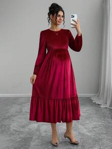 Momance Maternity Long Sleeve Round Neck A-Line Hem Velvet Dress - Burgundy - View 5