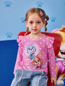 SHEIN | PAW Patrol Young Girls' Cartoon Heart & Cute Puppy Polka Dot Print Knit Round Neck Ruffle Trim Long Sleeve Fitted T-Shirt Fall Winter - Pink - View 4