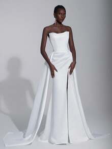 Elitara Elegant Minimalist Heavy-Duty Version Of The Double-Layer Neckline Structure Tummy Pleated Long Skirt, Heavy-Duty Wedding Dress, Evening Dress, Autumn Dress, Robe, Net Dress