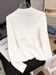 Franclia Women's Button Design White Casual Long Sleeve T-Shirt - White - View 3