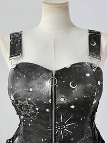 Sunspun New Fashionable Versatile Holiday Fantasy Starry Sky Print Patchwork Ruffle Tie-Up Waist Decor Zipper Front Cami Dress With Mini Skirt For Women
