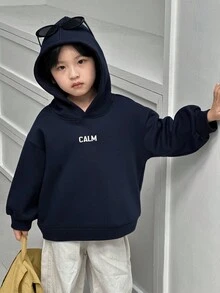 DAZY 男童抓绒卫衣，休闲宽松版型字母印花街头风，秋季连帽衫 - 藏蓝色 - 查看 7