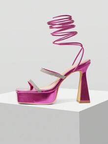 MOTF SQUARE TOE RHINESTONE PLATFORM HIGH HEEL SHOES - Hot Pink - View 2