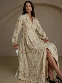 GENKIRA Natural Style Solid Color Embroidered Collar Single-Breasted High Waist Open Front Long Sleeve Dress For Women - Multicolor - View 5