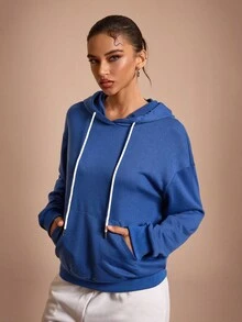 Streetz SHEIN Sport Áo nỉ trùm đầu tay dài hở vai màu trơn có dây rút cho nữ - Màu xanh lam - Xem 3
