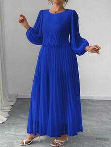 Elenzga 大码白色珍珠雪纺长袖连衣裙 - 寶藍色 - 查看 4