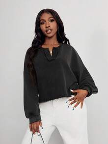 SHEIN PETITE CURVE Women's Casual Solid Color V-Neck Long Sleeve Loose Pullover Sweatshirt In Fall/Winter - Black - View 4