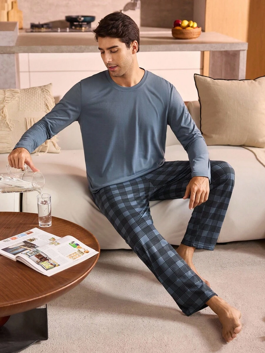 SHEIN Provexi 男士休闲家居服套装,秋冬男士睡衣套装,圣诞节 - 霧霾藍 - 查看 1