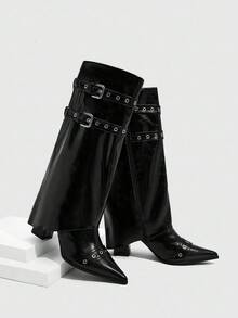 CUCCOO SZL High Shaft Pointed Toe Chunky Heel Side Zipper European And American Fashion Women Boots - Black - View 5