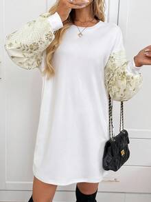 SHEIN LUNE Women's Casual Sequin Embroidered Party Mini Dress, Basic Autumn/Winter Daily Outfit Lantern Sleeve Dress White Casual Dress White Dress Puff Sleeve Dress Sequin Dress New Fall Fashion Women Fall Clothes For Women Elegant Dresses For Women Long Sleeve Dress Fall Dresses For Women Fall Outfits Winter Dress Women Winter Outfit For Women Winter Clothes For Women Going Out Outfits Short Party Dress - White - View 9
