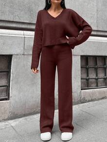 EURMUSE Cotton Women's Simple Solid Color Wide Ribbed Knit Two Pieces Set For Daily Wear - Brown - View 4