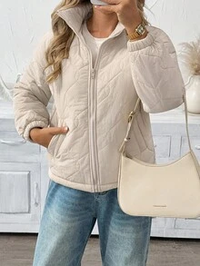 SHEIN LUNE 女士休闲保暖长袖口袋绗缝外套，女士夹克，绗缝外套，拉链外套，轻便外套，女士秋冬服装，女士冬季服装，女士冬季外套，女士冬季夹克，女士休闲工作装，女士秋冬服装，女士舒适秋冬服装，女士绗缝外套，女士保暖服装，女士外套，女士羊羔绒内衬外套，休闲 - 米色 - 查看 4