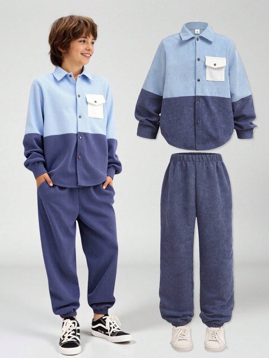 SHEIN 2pcs Tween Boy Casual Corduroy Jacket And Pants Set. Soft And Comfortable, Suitable For Autumn/Winter Wear. This Simple And Practical 2 Pieces Outfit Is Great For Everyday Casual Wear. Fall